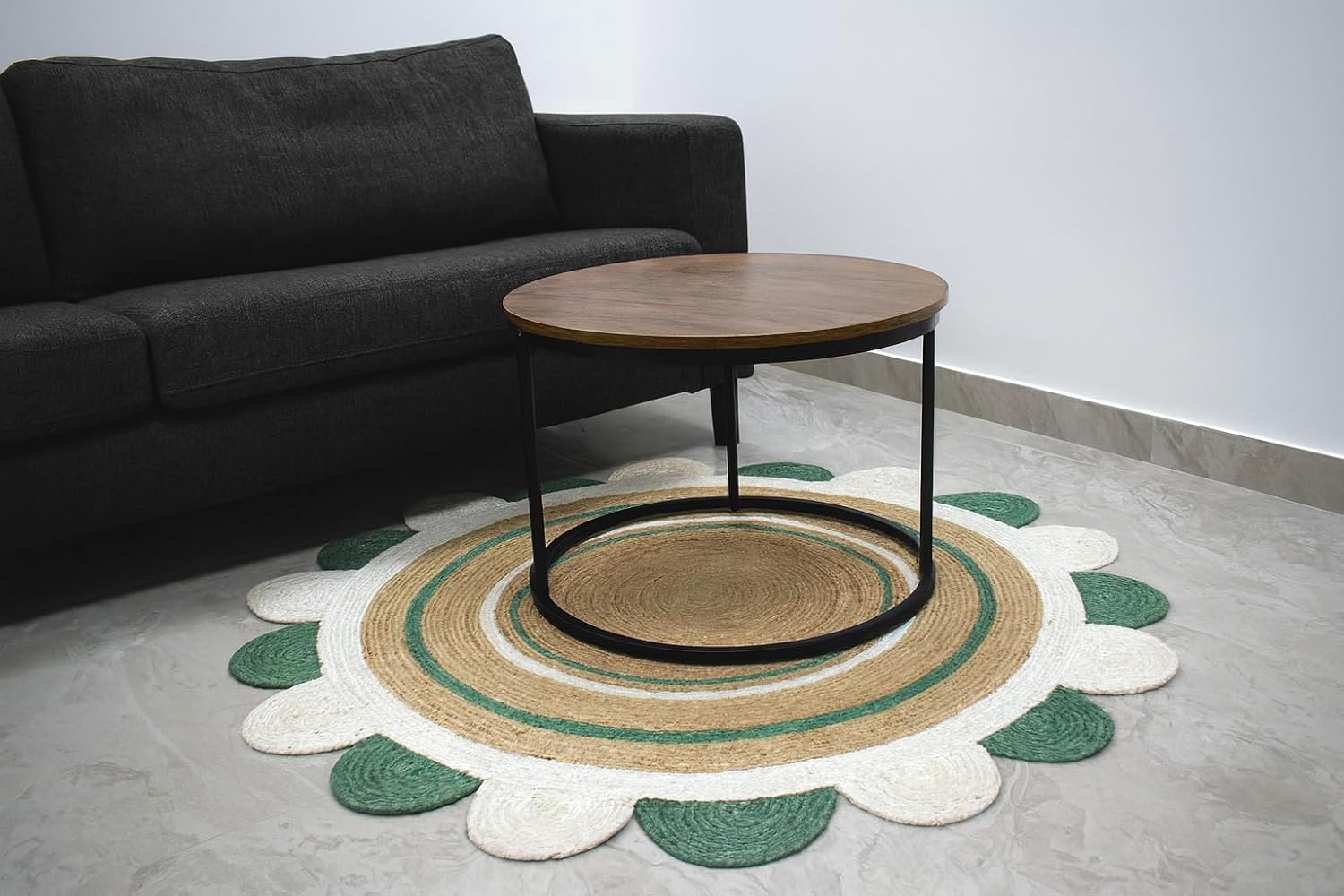 Natural Jute Area Rug with a scalloped design in earthy tones, enhancing a cozy living room setting.