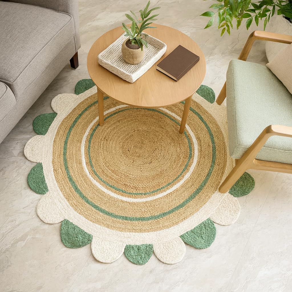 Natural Jute Area Rug with scalloped edges in earthy tones, perfect for adding texture to any living space.