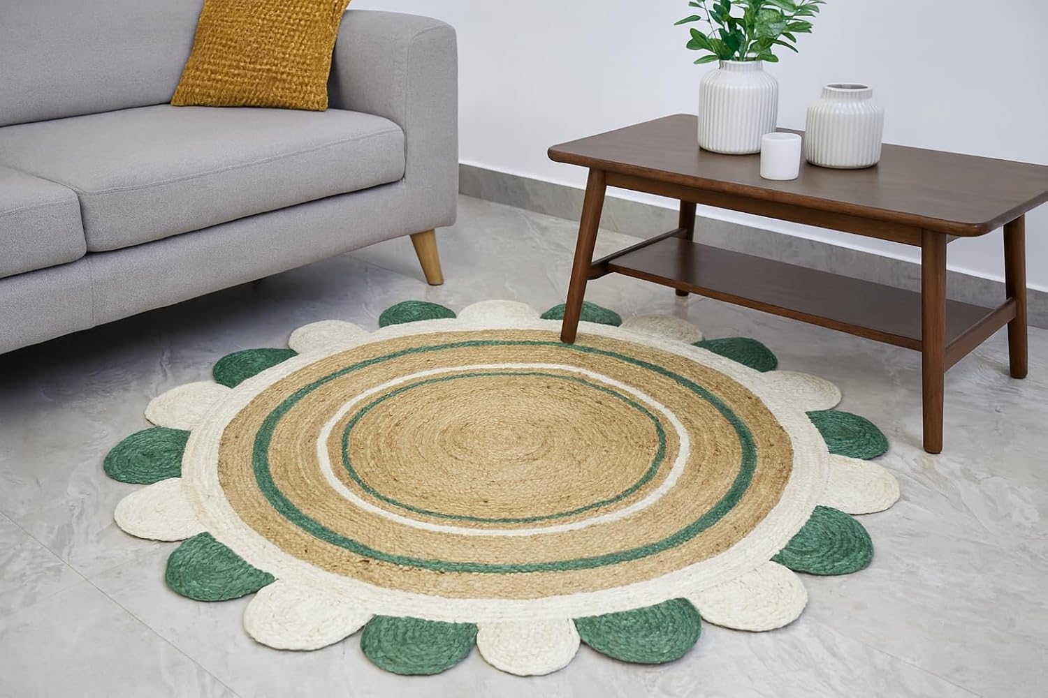 Natural Jute Area Rug with scalloped edges in earthy tones — perfect for adding texture to a cozy living room.