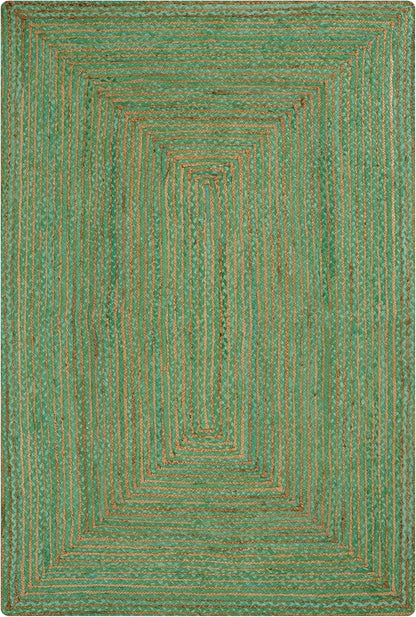 Handwoven green area rug with geometric patterns and earthy tones, perfect for modern home decor.