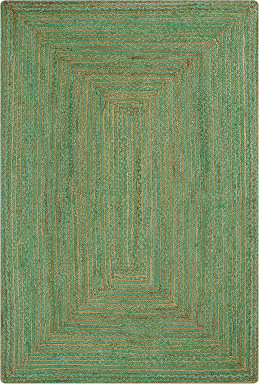 Handwoven green area rug with geometric patterns and earthy tones, perfect for modern home decor.