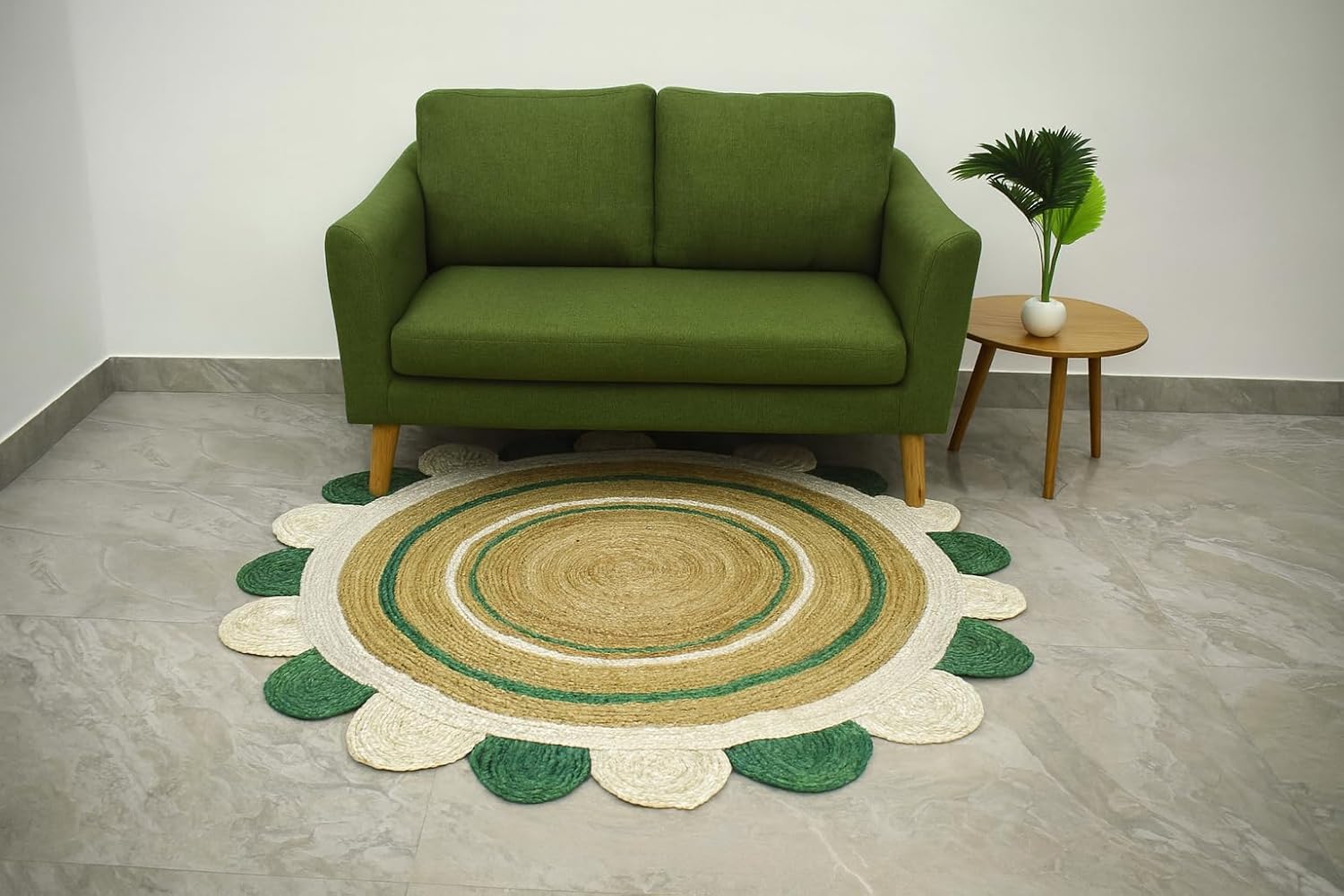 Natural Jute Area Rug in a round shape with scalloped edges, enhancing a cozy living room setting.