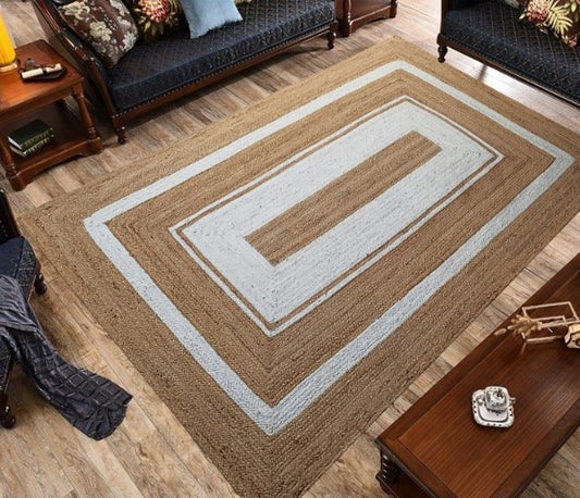 Rectangular area rug with striped pattern on a wooden floor