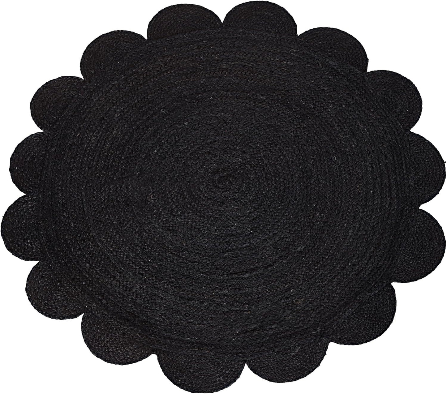 Black woven mat with scalloped edge on a white background