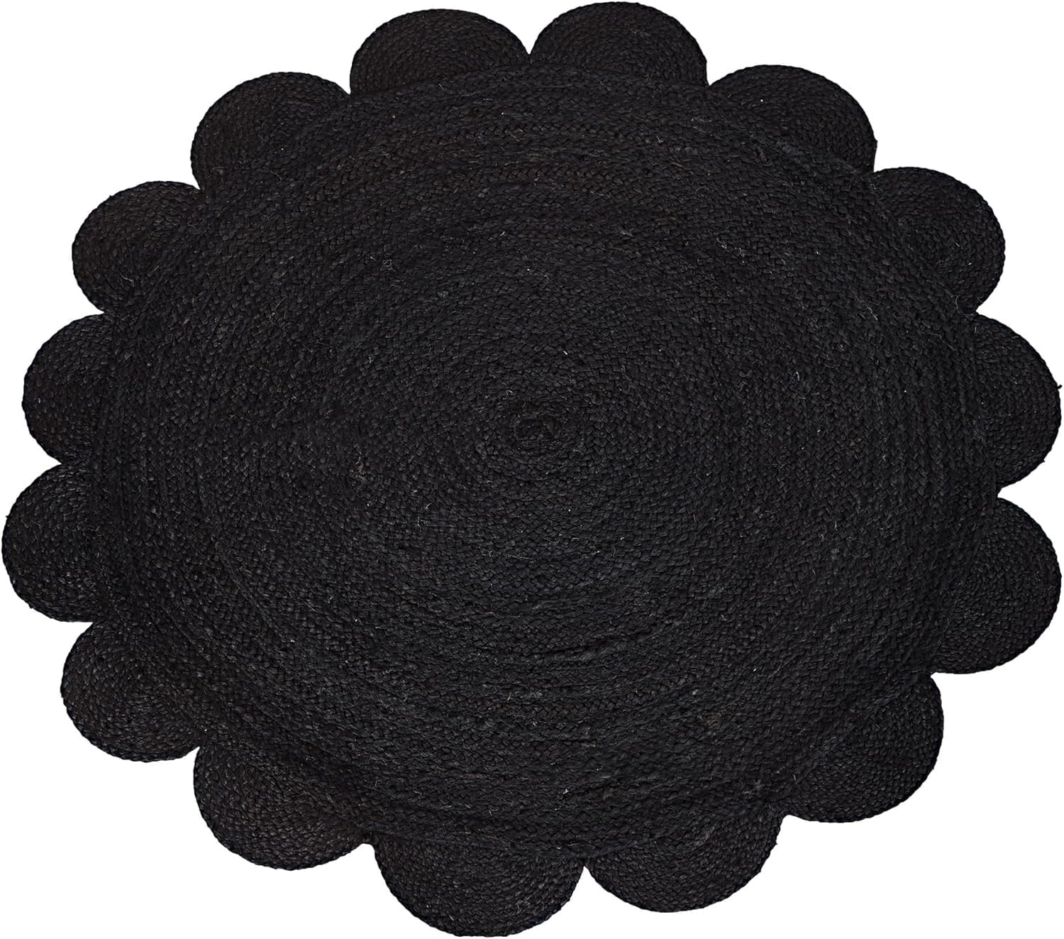 Black woven mat with scalloped edge on a white background