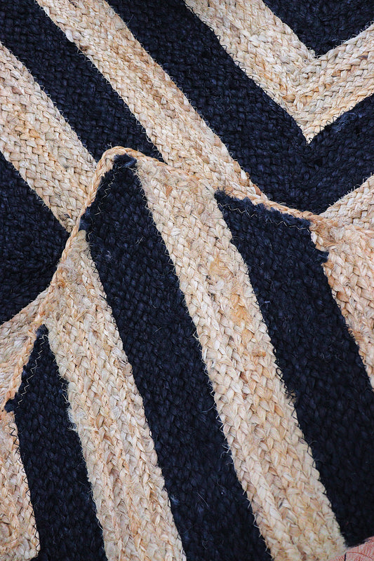 Close-up of a woven fabric with black and beige chevron pattern