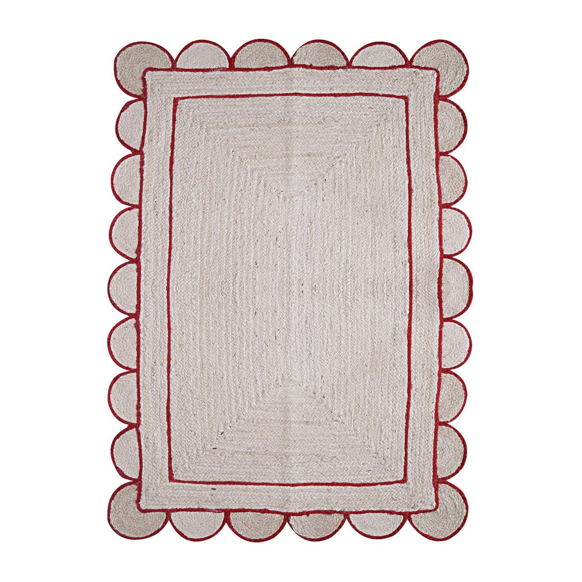 Rectangular rug with scalloped red border on a white background