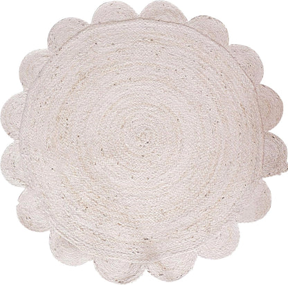 Round woven rug with a textured surface on a white background