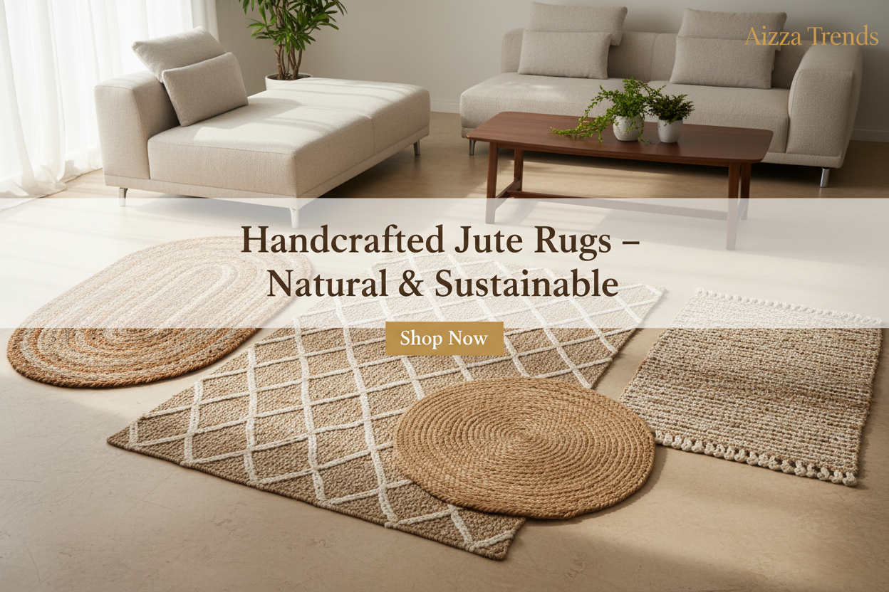 Natural Jute Area Rug and round jute rugs on light floor in living room with sofa and coffee table