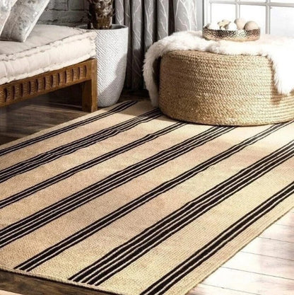 Beige rug with black stripes in a living room setting