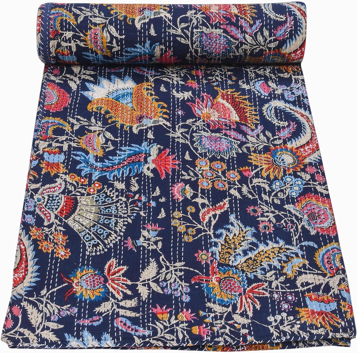 Roll-up floral-patterned fabric on a white background