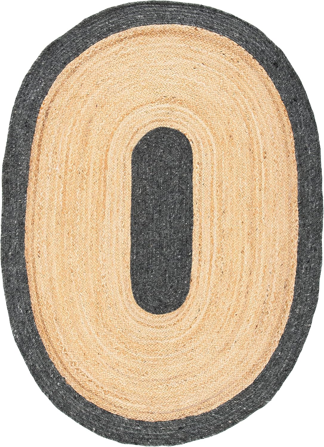 Braided oval rug in natural and dark gray colors, made from durable jute for stylish home décor.
