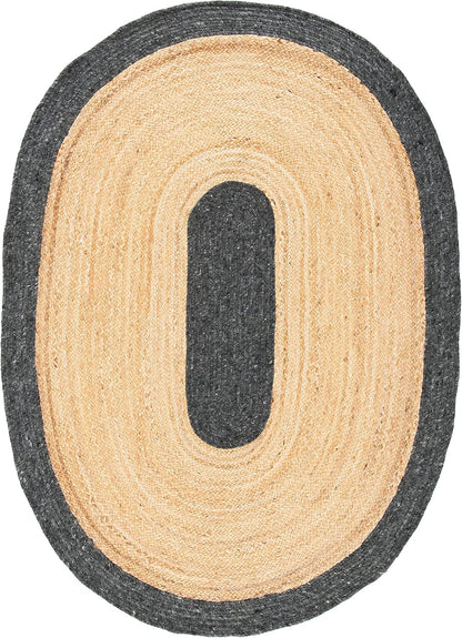 Braided oval rug in natural and dark gray colors, made from durable jute for stylish home décor.