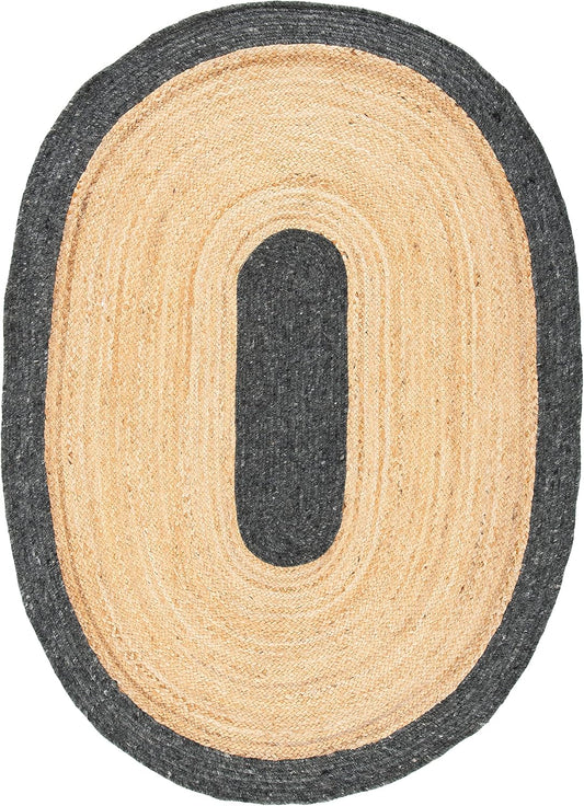 Braided oval rug in natural and dark gray colors, made from durable jute for stylish home décor.