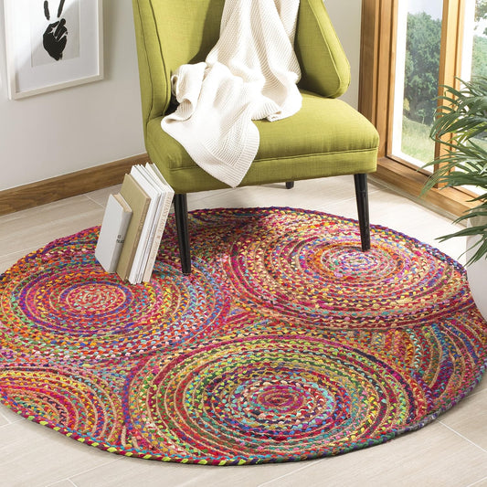 Vibrant Natural Jute Area Rug featuring colorful braided patterns — perfect for adding warmth to any living space.