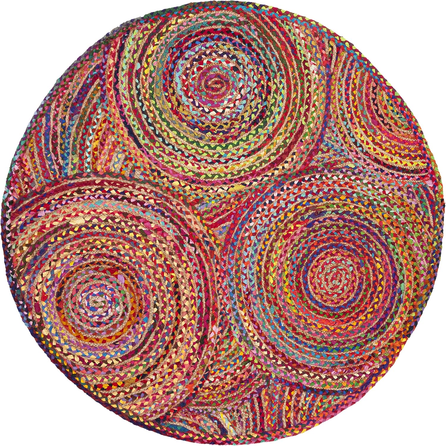Natural Jute Area Rug in vibrant colors with intricate circular patterns — perfect for adding warmth to any space.