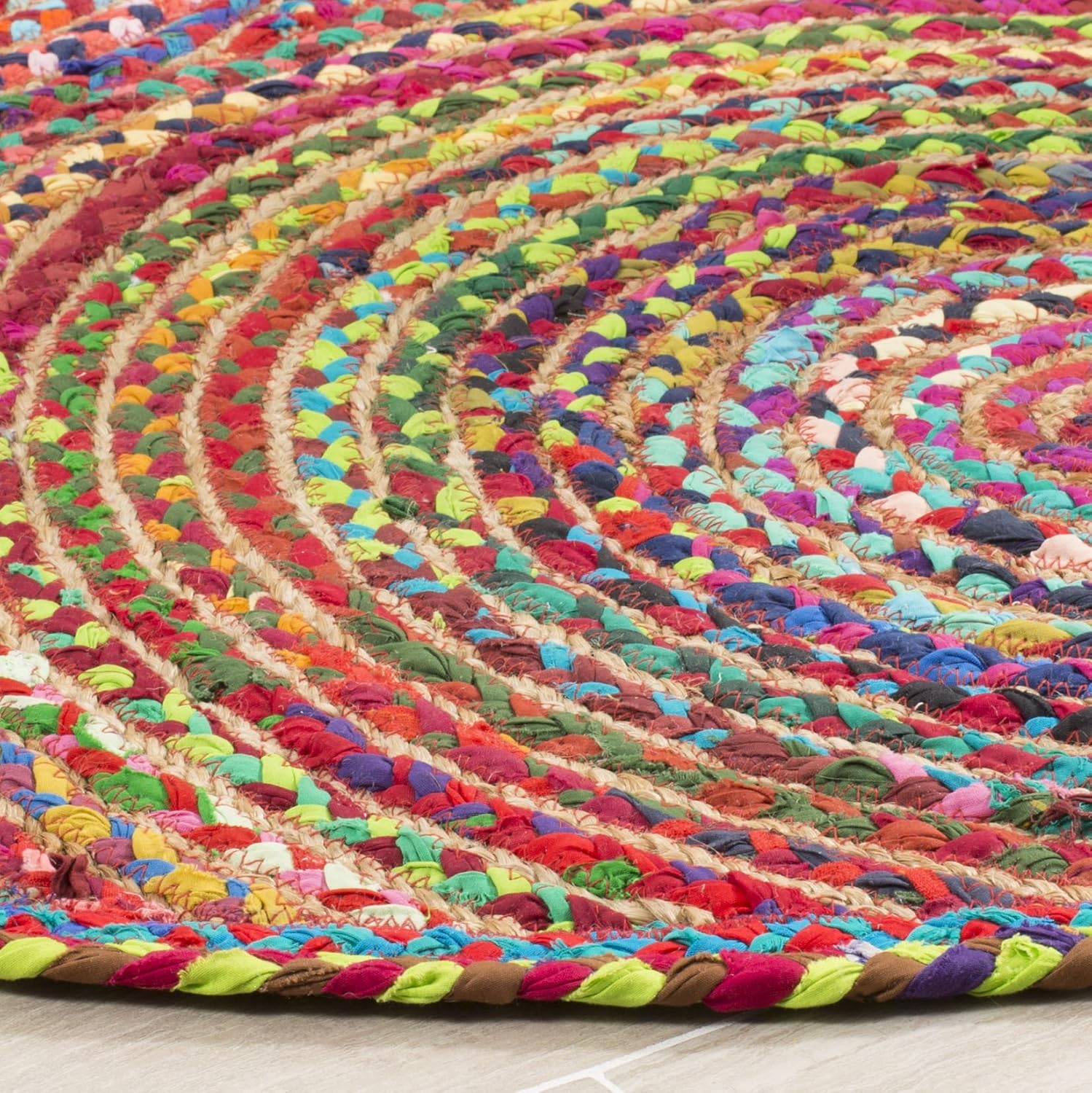 Vibrant Natural Jute Area Rug featuring a colorful braided design — perfect for adding texture to any living space.