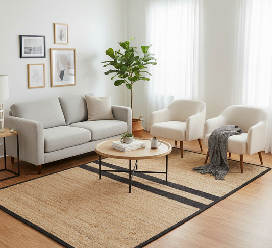 Modern living room with gray sofa, white chairs, and a round coffee table.