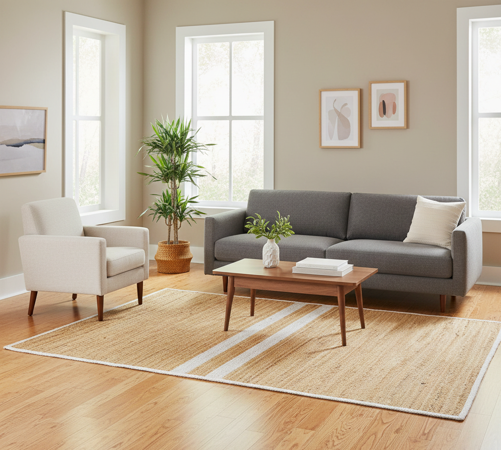 natural jute rug with white stripes rectangular handwoven design