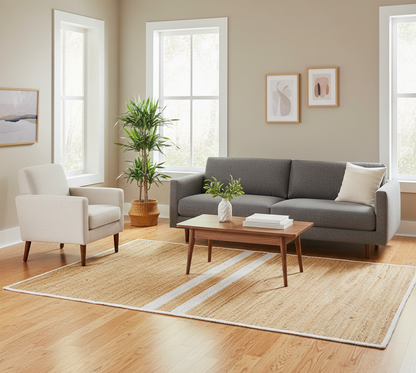 natural jute rug with white stripes rectangular handwoven design