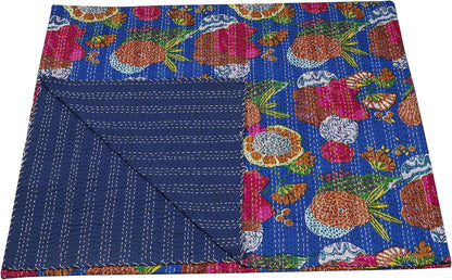 Colorful floral-patterned fabric with a blue border