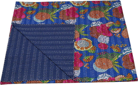 Colorful floral-patterned fabric with a blue border