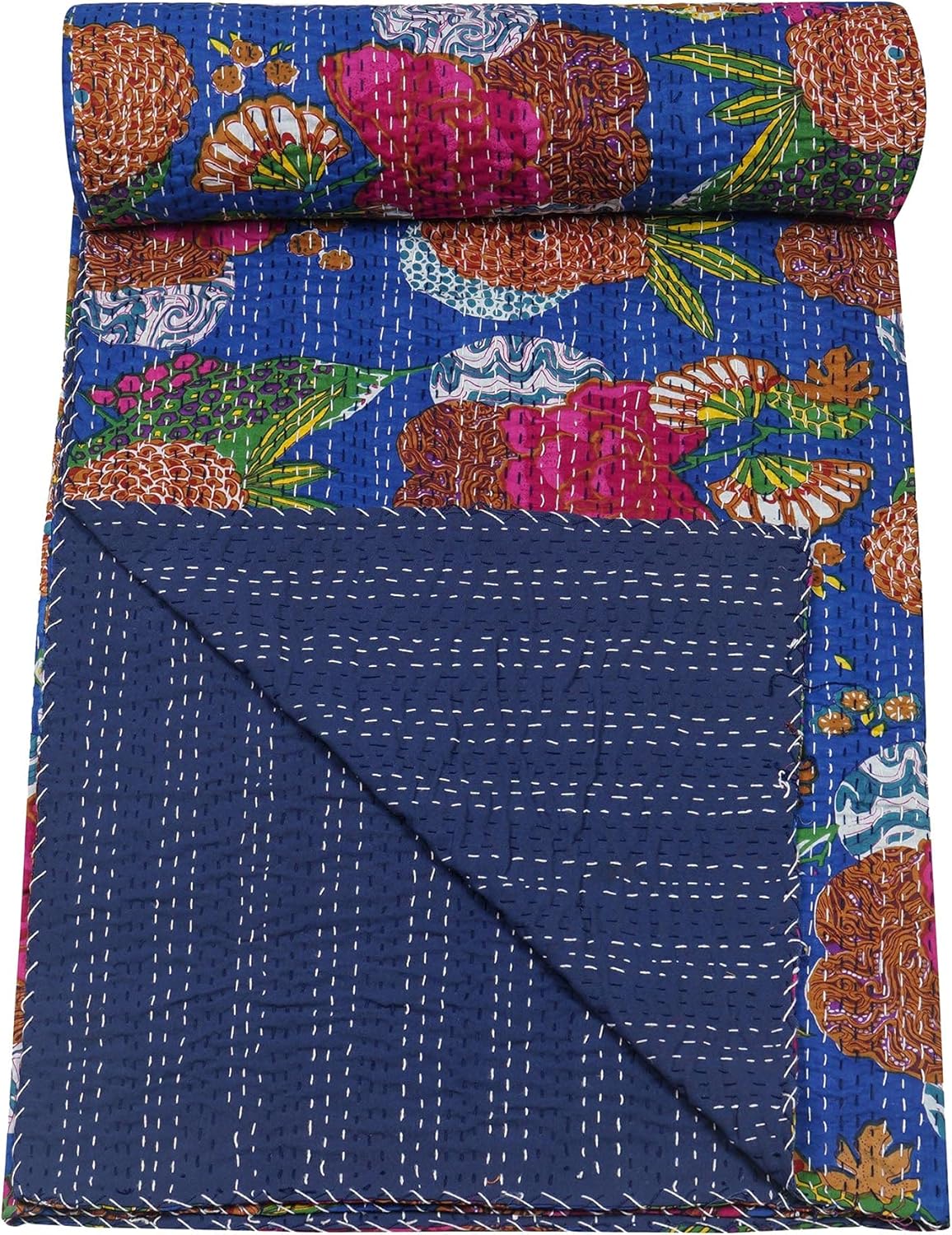 Colorful floral-patterned fabric rolled up on a blue background