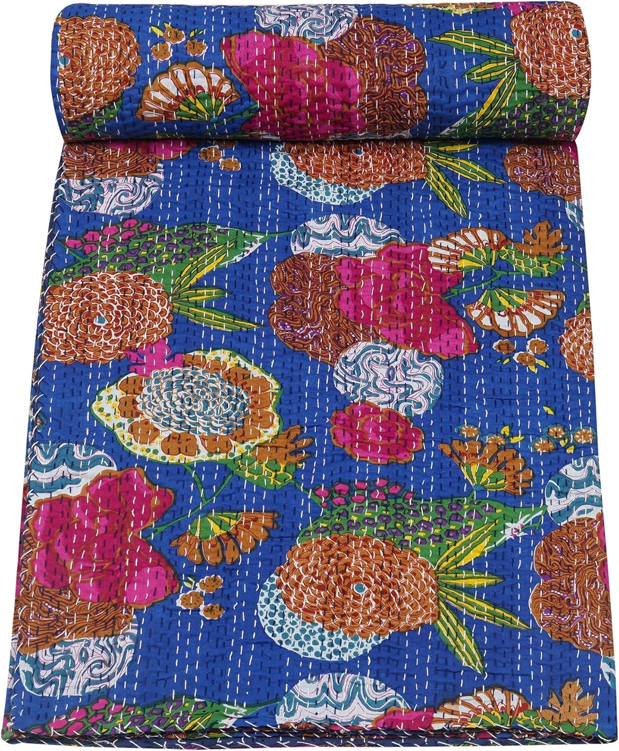 navy blue kantha quilt cotton gudri with floral pattern handmade design