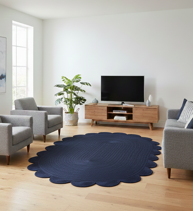 navy blue round jute rug with scalloped edges in living room setting