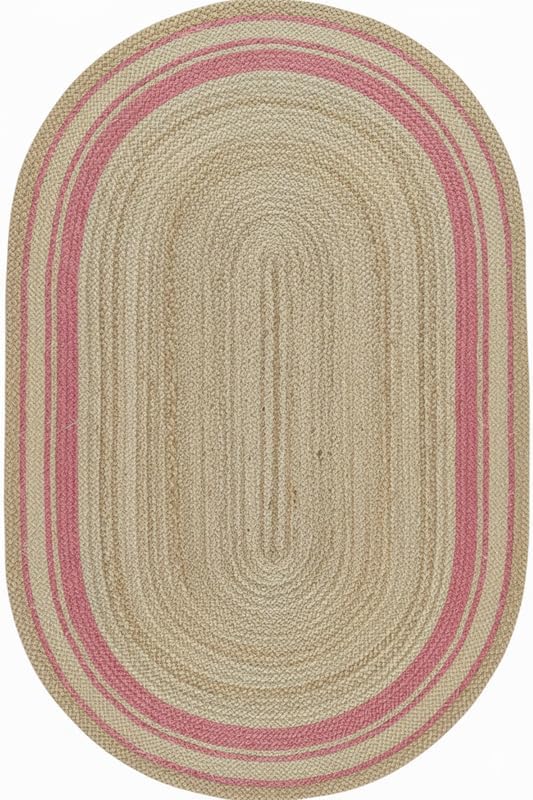 Oval-shaped braided rug with pink and beige stripes on a white background