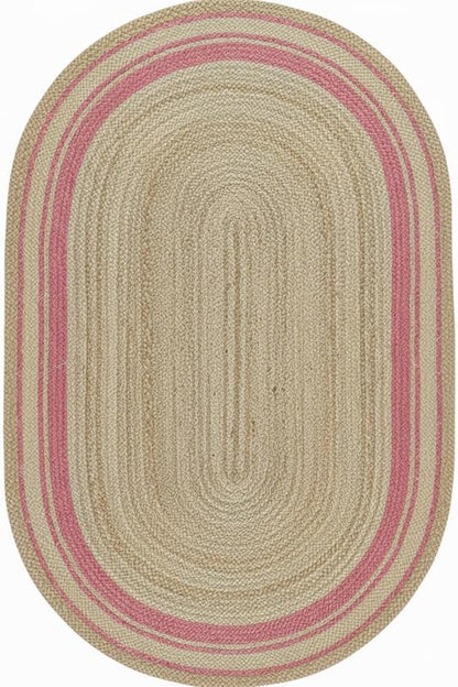 Oval-shaped braided rug with pink and beige stripes on a white background