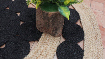 Round Jute Rug with Black Scalloped Pattern | Handwoven Natural Boho Carpet