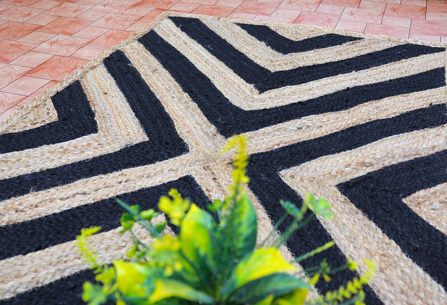Geometric patterned doormat with a plant in the foreground on a brick pavement.