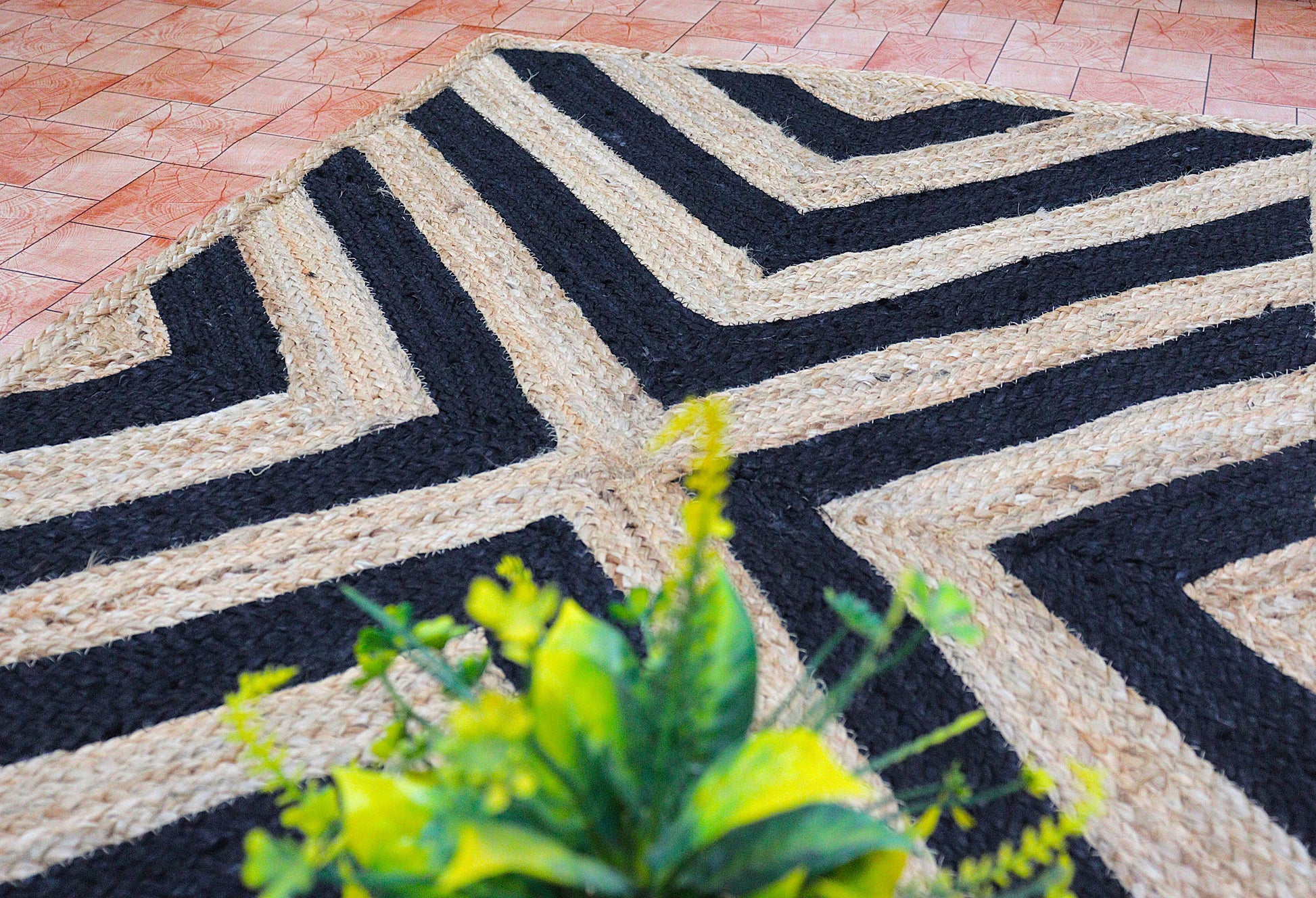 Geometric patterned doormat with a plant in the foreground on a brick pavement.