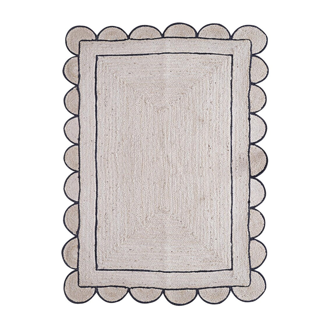 Rectangular rug with scalloped edge on a white background