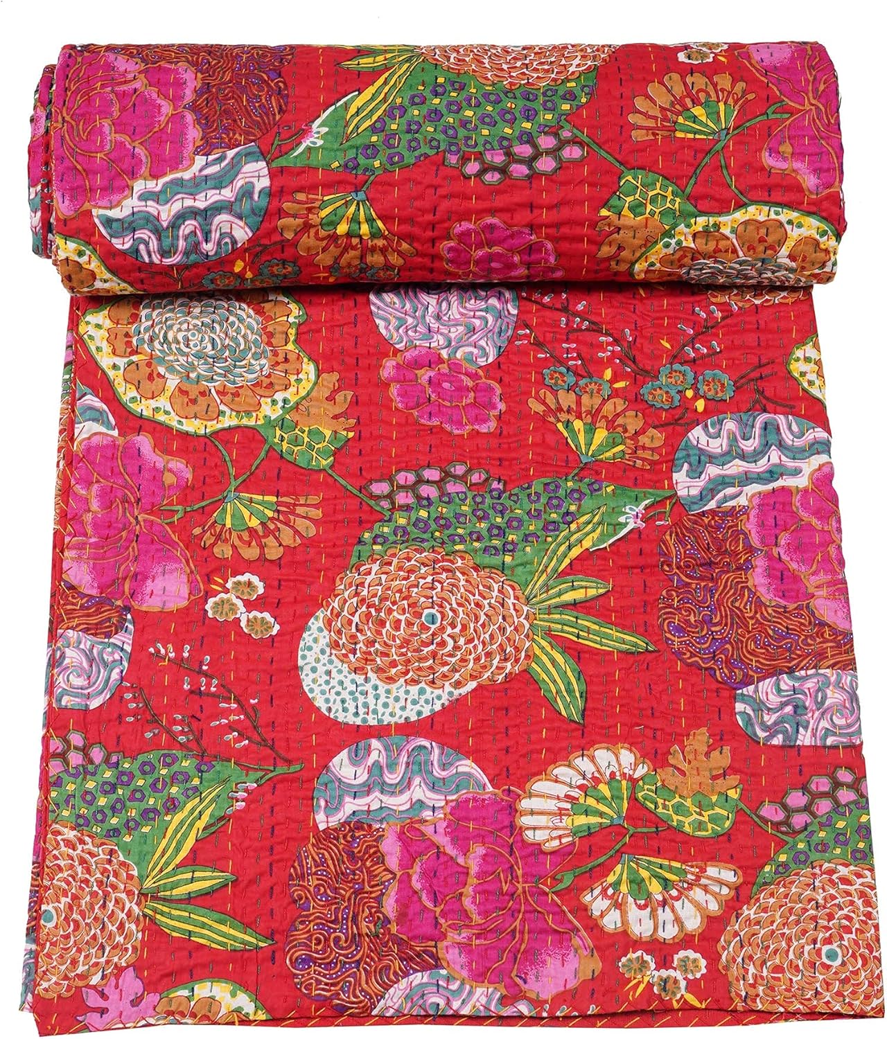 Handmade red kantha quilt with colorful floral patterns on soft cotton fabric