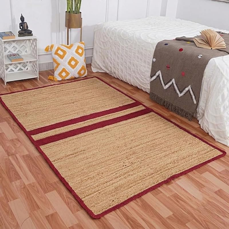 Natural Jute Area Rug beige jute with burgundy border on hardwood floor in bedroom