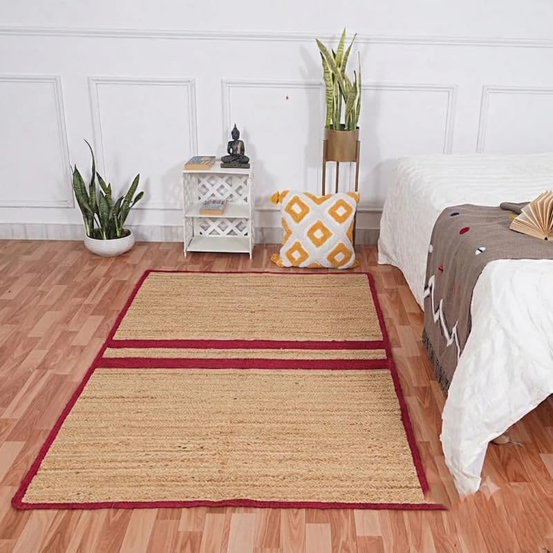 Natural Jute Area Rug beige with red border rectangle runner for bedroom floor coverage