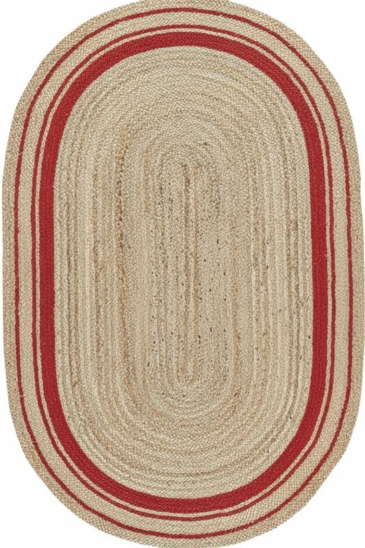 Oval-shaped braided rug with red border on beige background