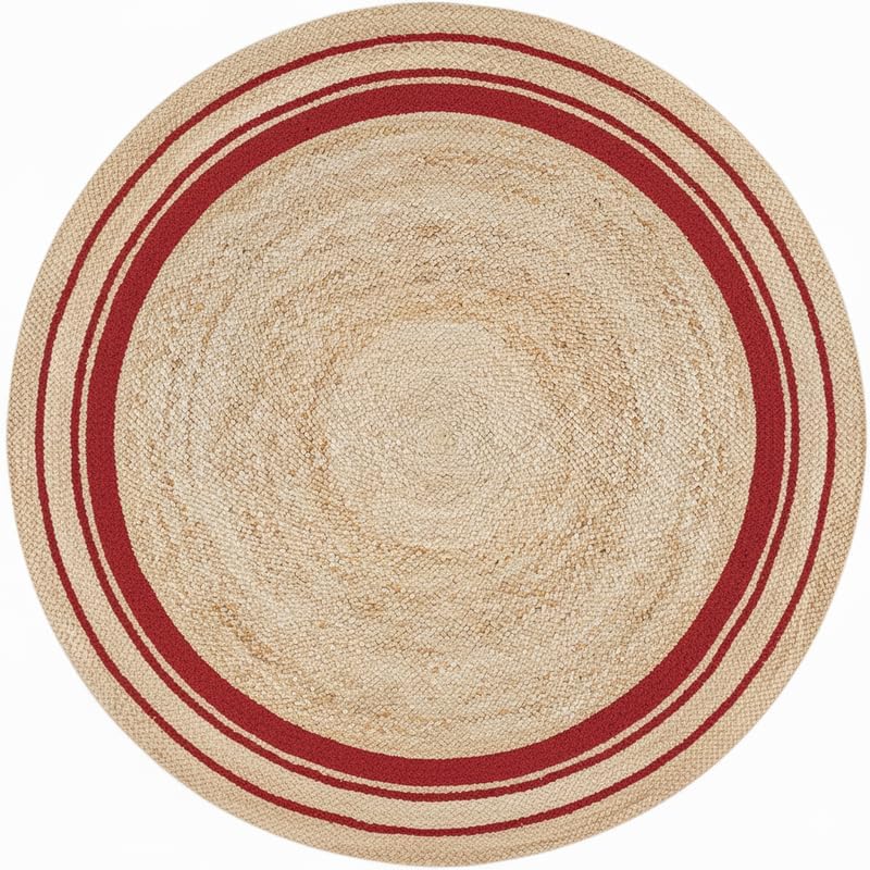Round rug with beige center and red border on a white background
