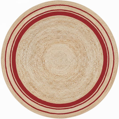 Round rug with beige center and red border on a white background