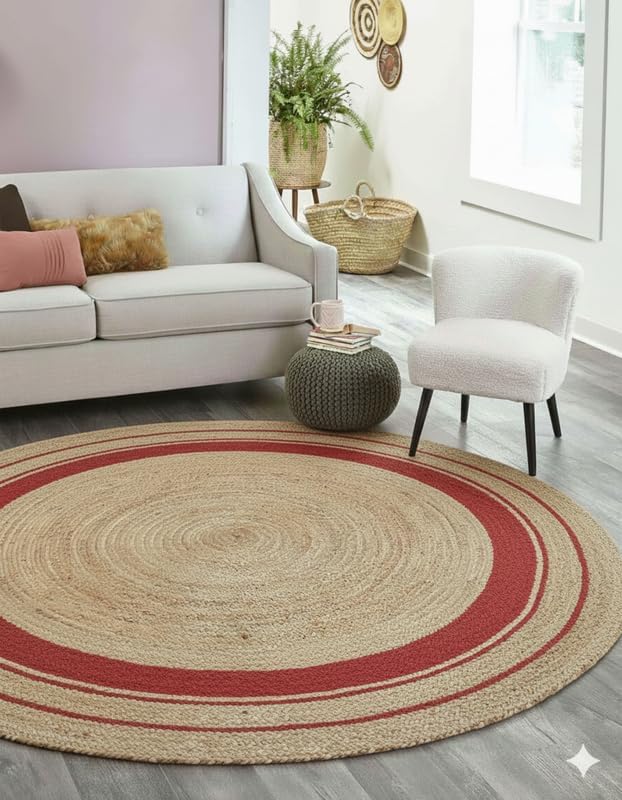 Round jute rug with red border in a living room setting