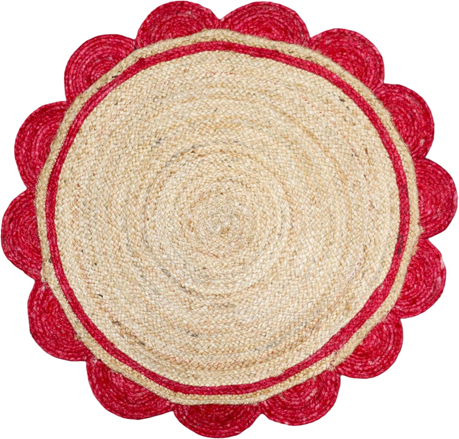 Round jute rug with red border on a white background