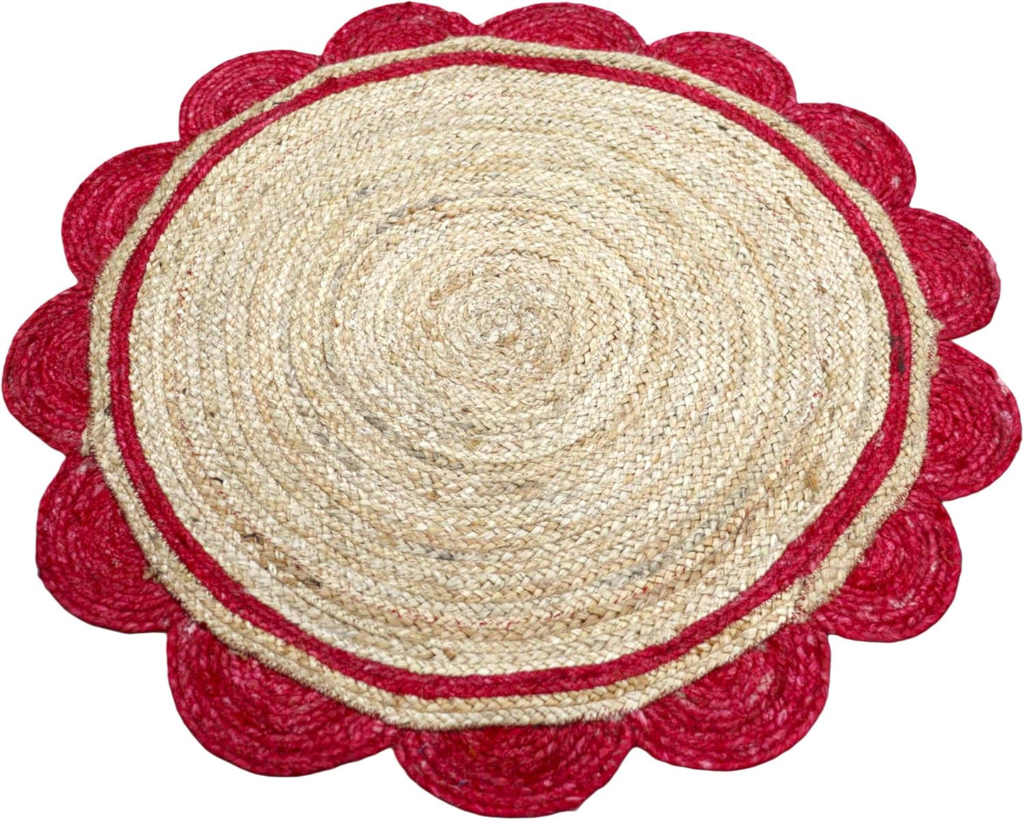 Round woven mat with red border on a white background