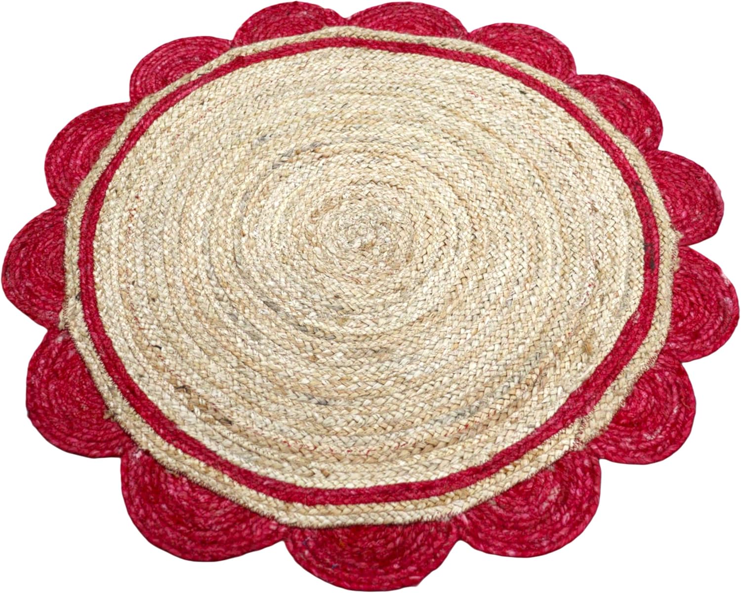 Round woven mat with red border on a white background