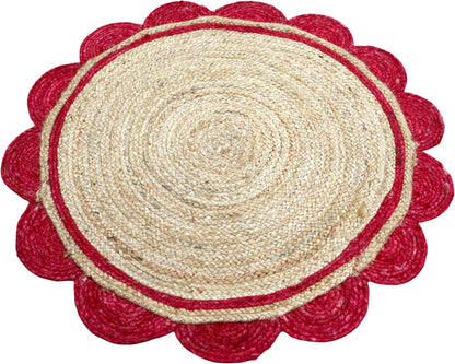 Round woven mat with red border on a white background