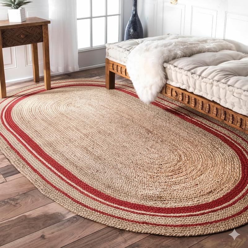 Round jute rug with red stripes on a wooden floor in a bedroom.