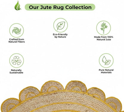 Natural Jute Area Rug with scalloped edges — eco-friendly design made from 100% sustainable jute fibers.
