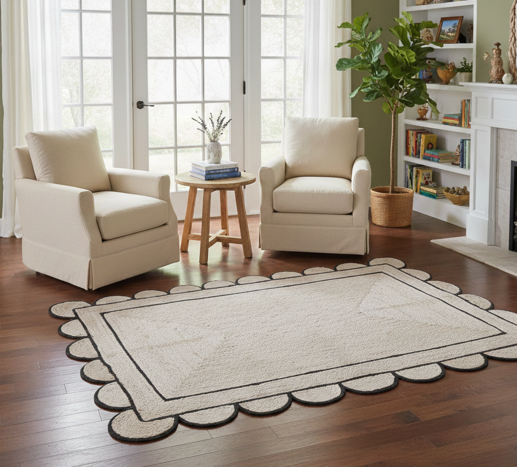 Living room with beige armchairs, a small table, and a decorative rug.