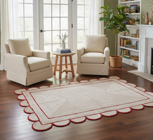 Living room with beige armchairs, a small table, and a decorative rug with red border.